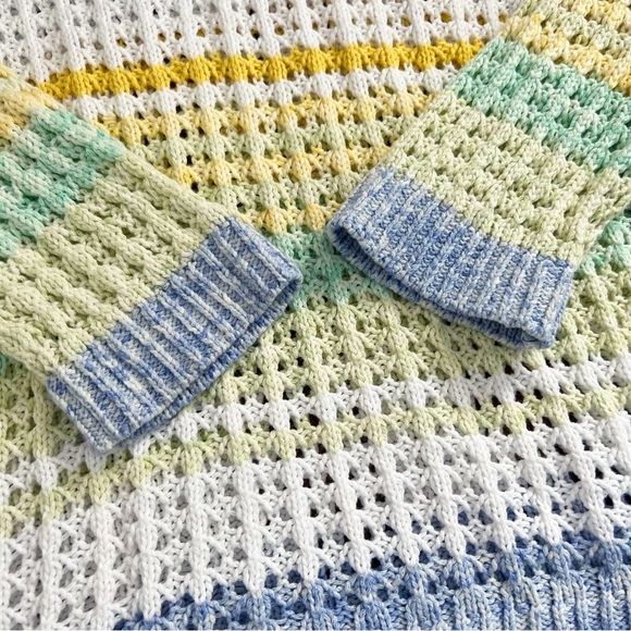 Talbots 100% Cotton Open Knit Pastel Stripe Sweater Boho Rainbow Coastal Medium - Picture 6 of 11